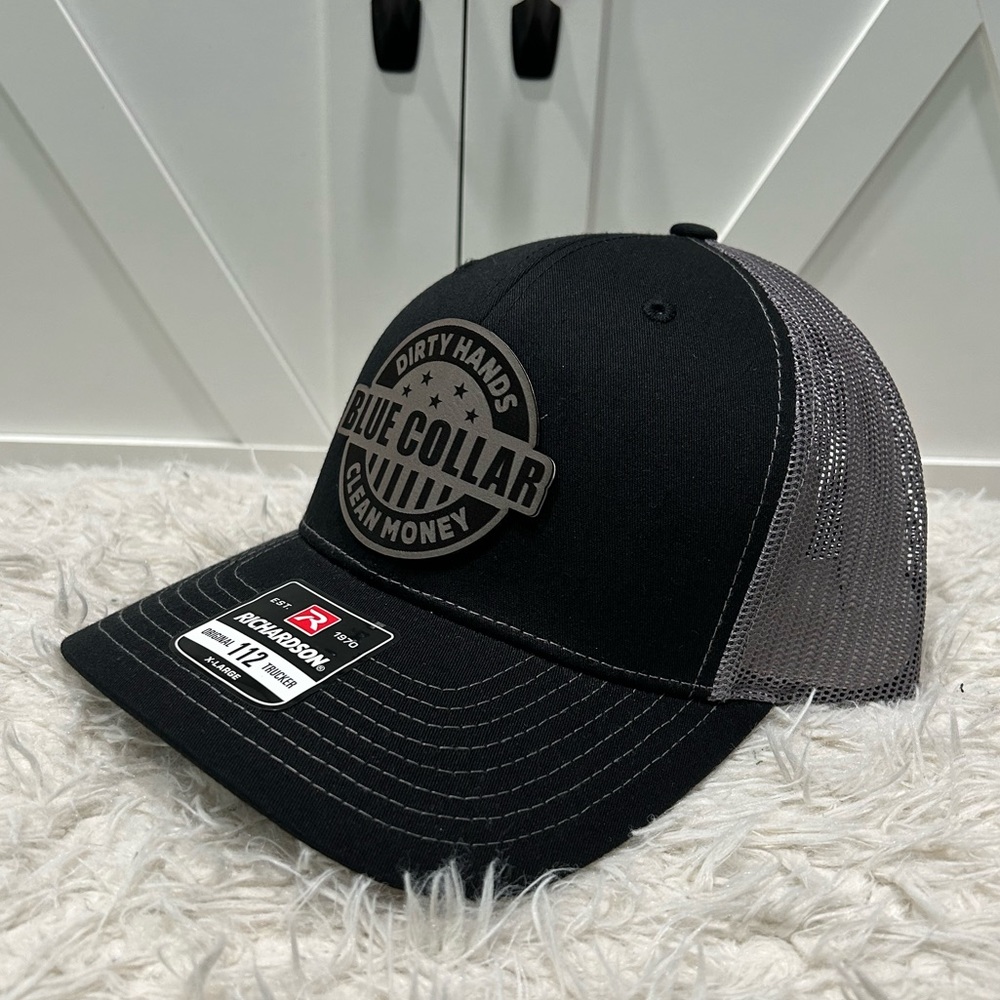 Laser engraved Blue Collar Dirty Hands Clean Money Trucker Richardson 112 Hat.